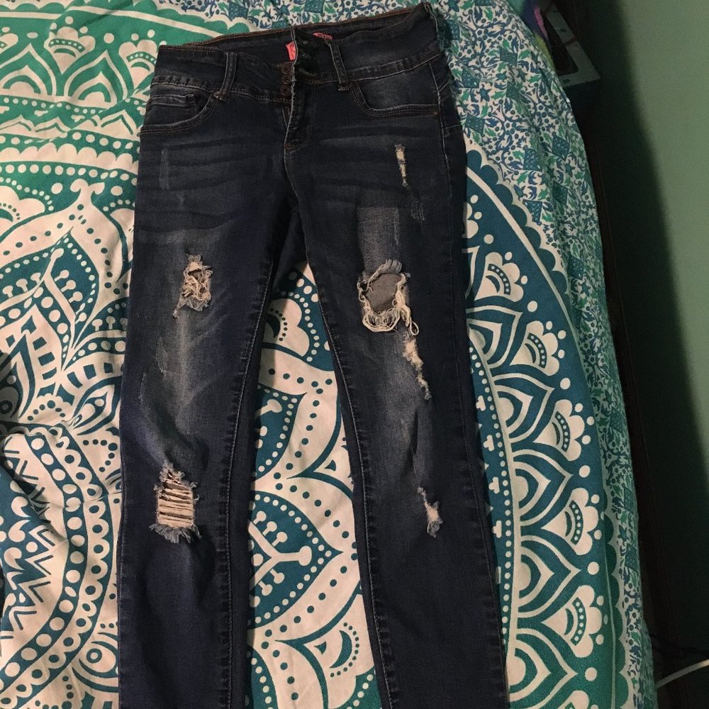 Rue21 distressed blue wax jeans